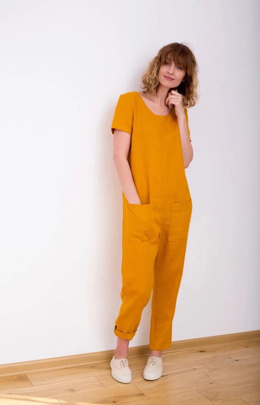 OffOn Clothing Mustard Yellow Linen Adjustable Length Short Sleeve Overall
